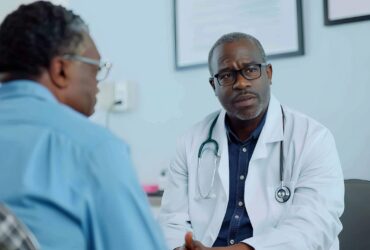 A Hispanic doctor consulting with a Black elderly patient in a bright clinic